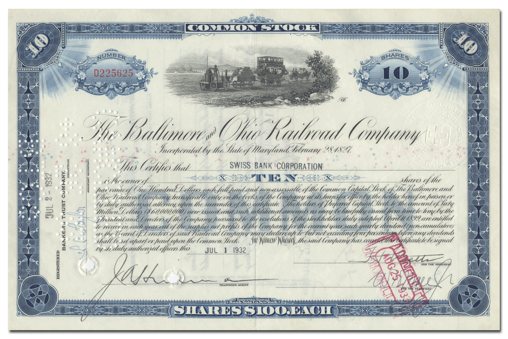 Baltimore and Ohio Railroad Company Stock Certificate