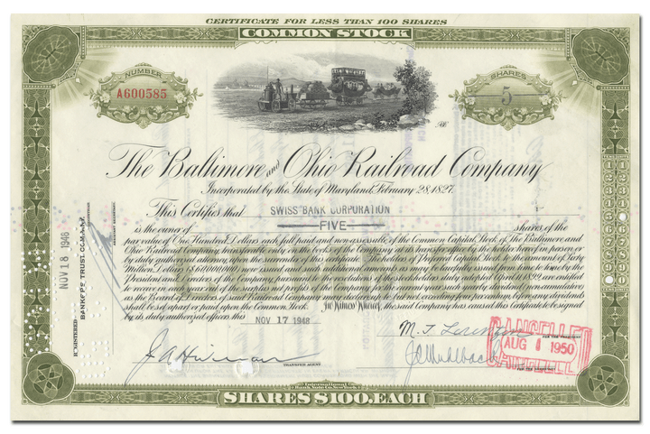 Baltimore and Ohio Railroad Company Stock Certificate