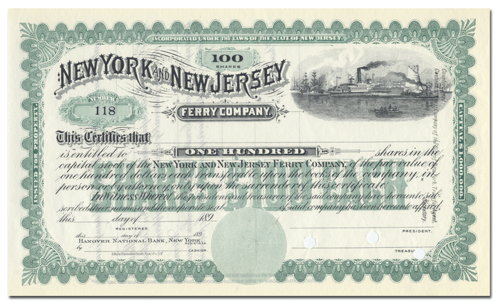 New York and New Jersey Ferry Company Stock Certificate