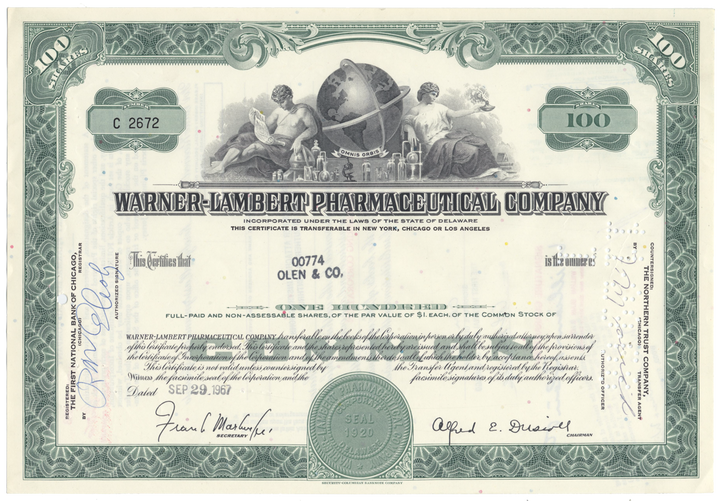 Warner-Lambert Pharmaceutical Company Stock Certificate