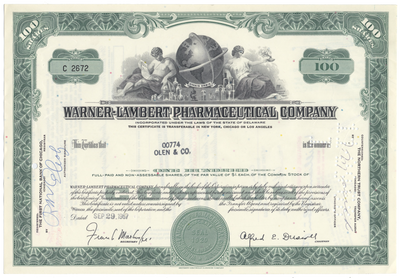 Warner-Lambert Pharmaceutical Company Stock Certificate