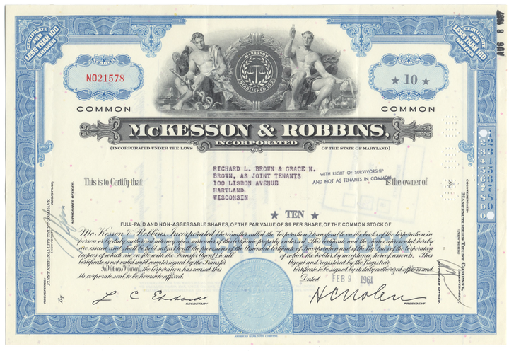 McKesson & Robbins, Inc. Stock Certificate