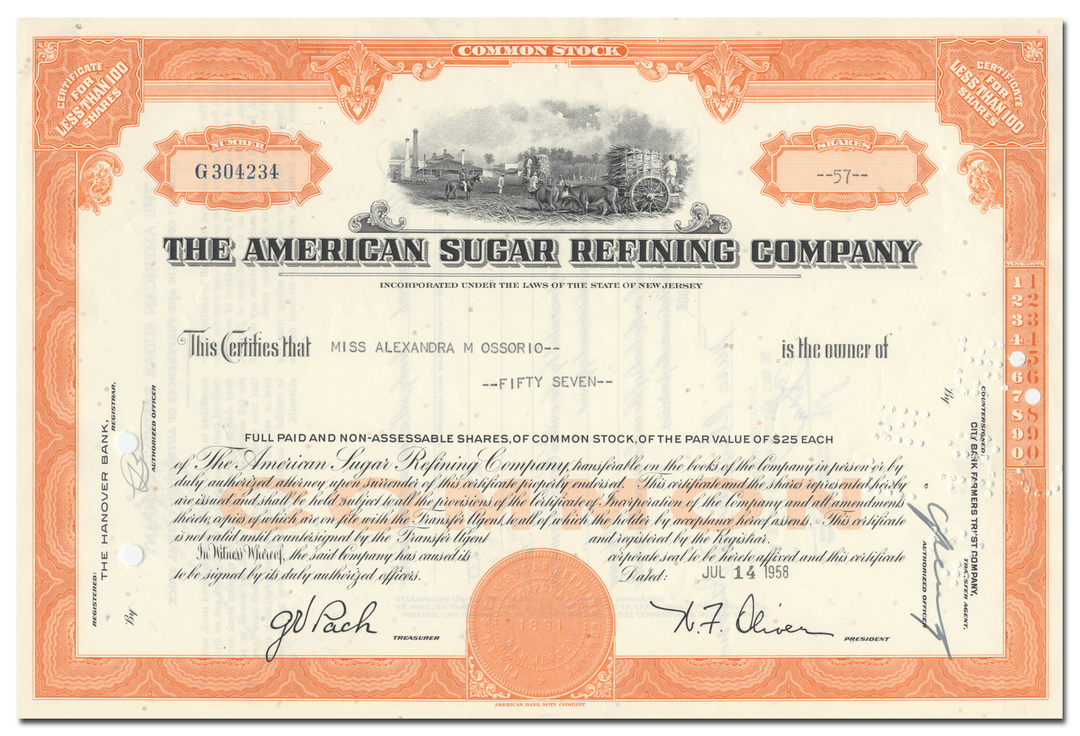 American Sugar Refining Company Stock Certificate