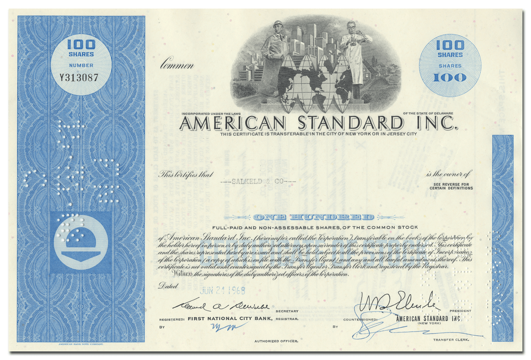 American Standard Inc. Stock Certificate