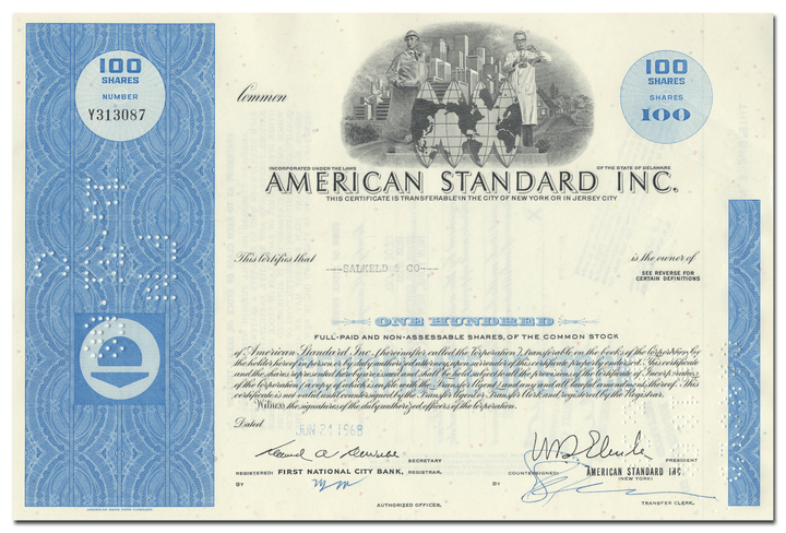 American Standard Inc. Stock Certificate