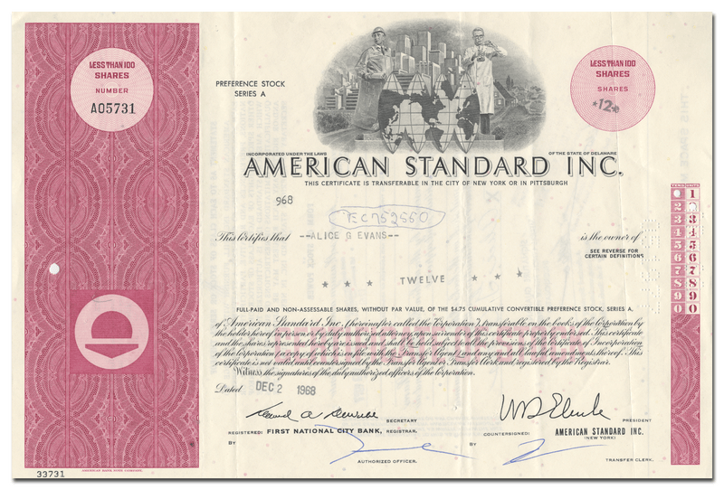 American Standard Inc. Stock Certificate