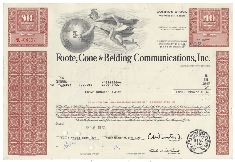 Foote, Cone & Belding Communications, Inc. Stock Certificate