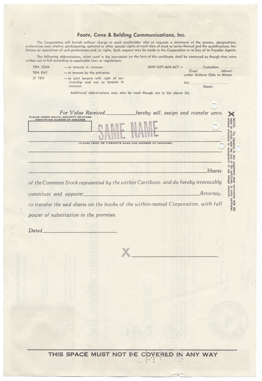 Foote, Cone & Belding Communications, Inc. Stock Certificate