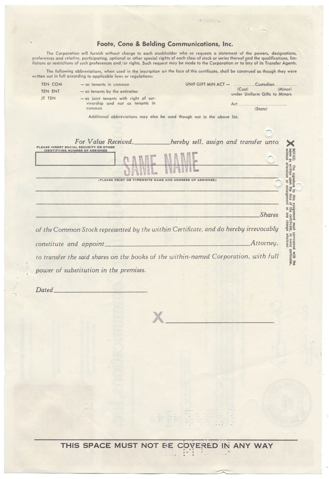 Foote, Cone & Belding Communications, Inc. Stock Certificate