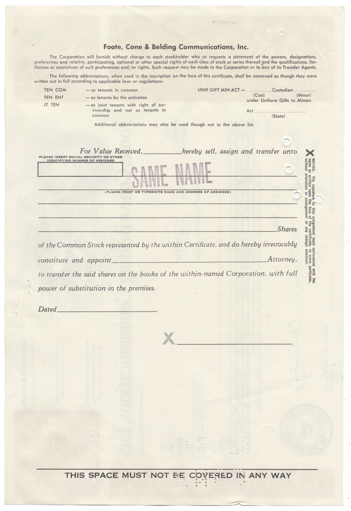 Foote, Cone & Belding Communications, Inc. Stock Certificate