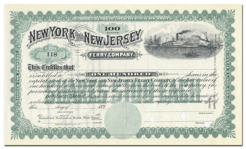 New York and New Jersey Ferry Company Stock Certificate