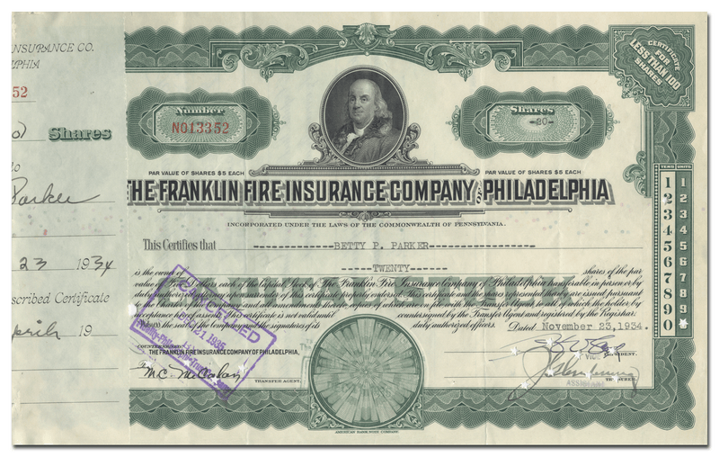 Franklin Fire Insurance Company of Philadelphia Stock Certificate