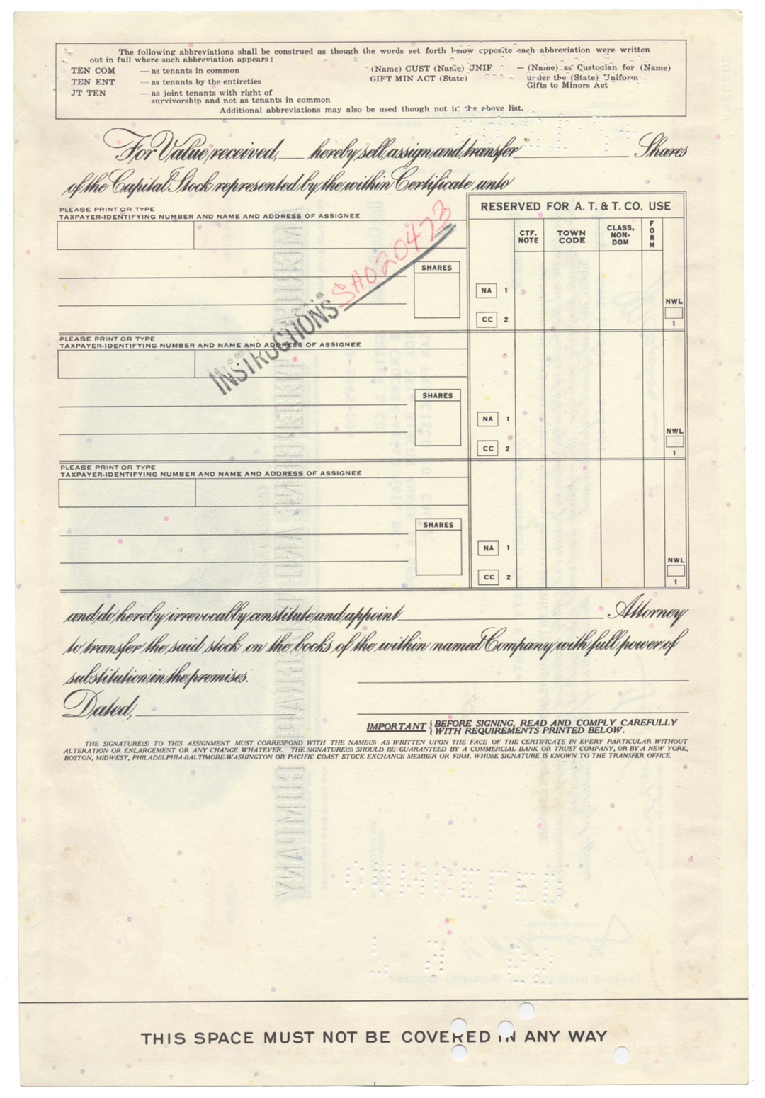 American Telephone & Telegraph Company Stock Certificate