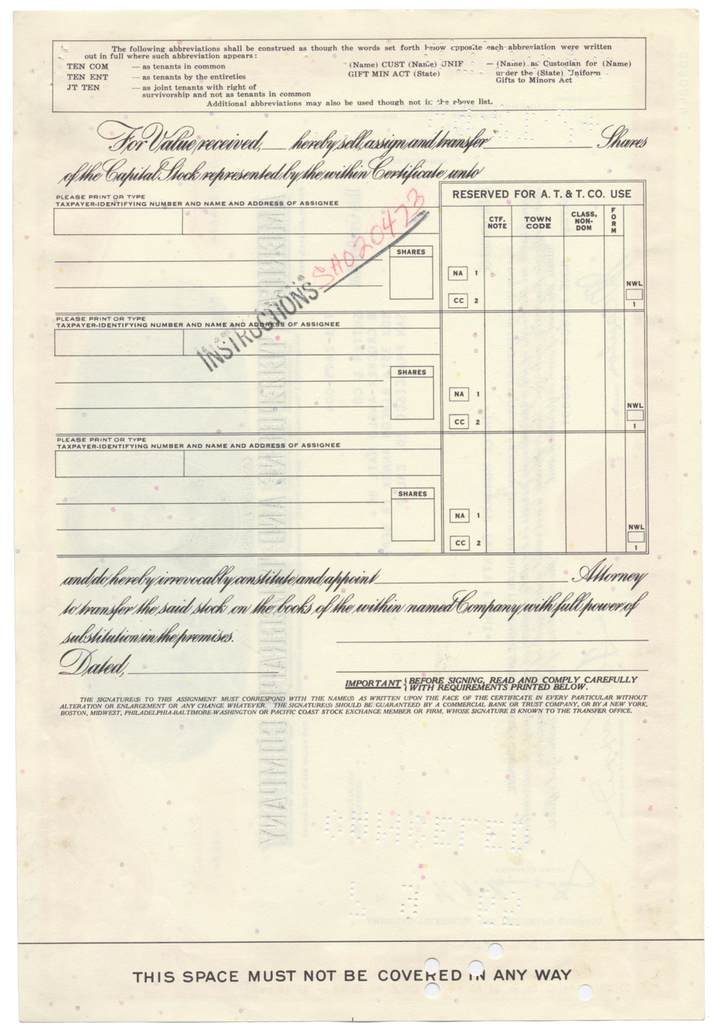 American Telephone & Telegraph Company Stock Certificate