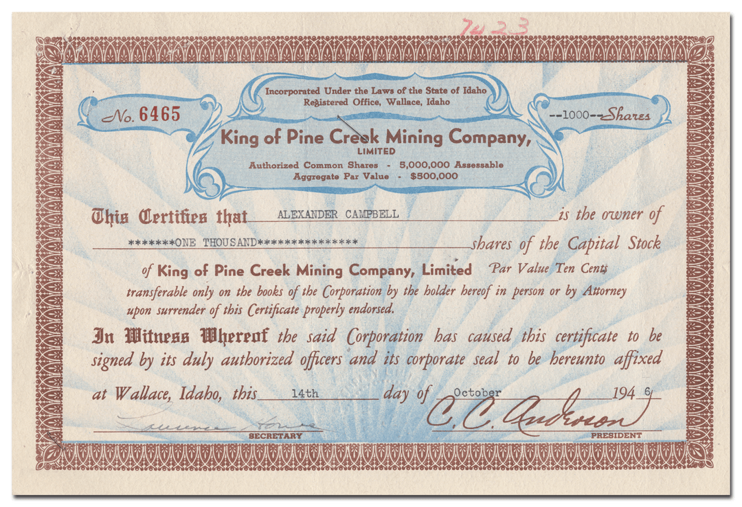 King of Pine Creek Mining Company, Limited Stock Certificate