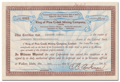 King of Pine Creek Mining Company, Limited Stock Certificate