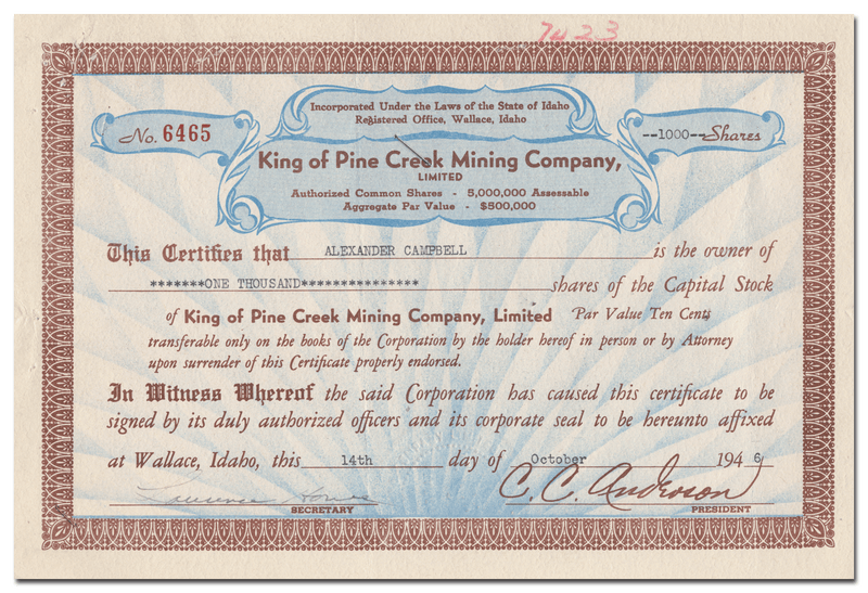 King of Pine Creek Mining Company, Limited Stock Certificate