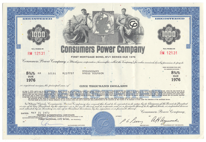 Consumers Power Company Bond Certificate