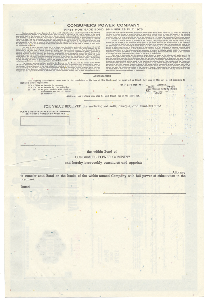 Consumers Power Company Bond Certificate