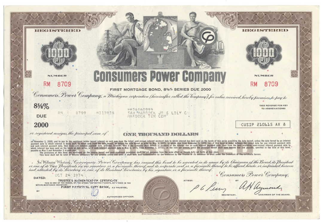 Consumers Power Company Bond Certificate