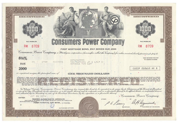 Consumers Power Company Bond Certificate