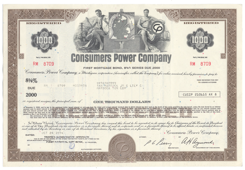 Consumers Power Company Bond Certificate