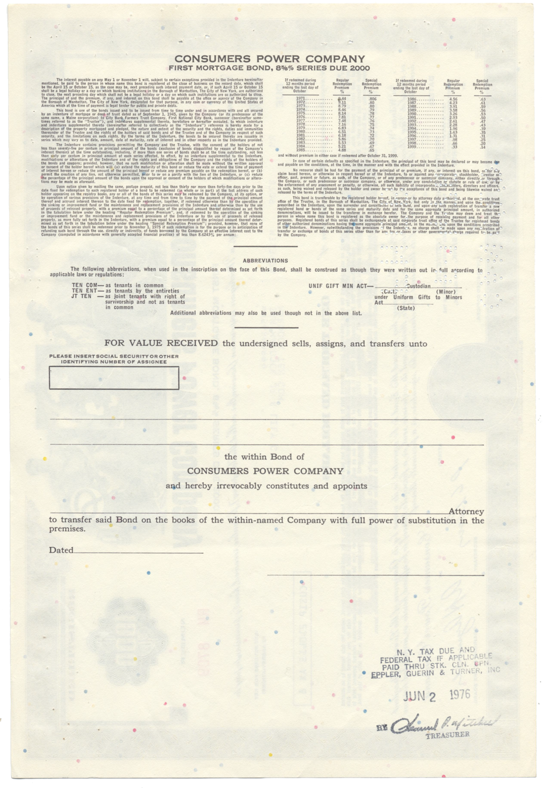 Consumers Power Company Bond Certificate