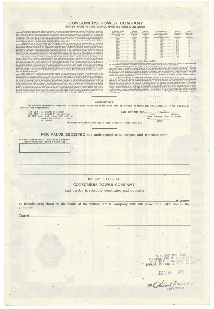 Consumers Power Company Bond Certificate