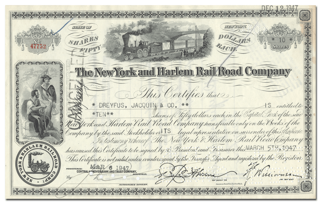 New York and Harlem Rail Road Company Stock Certificate