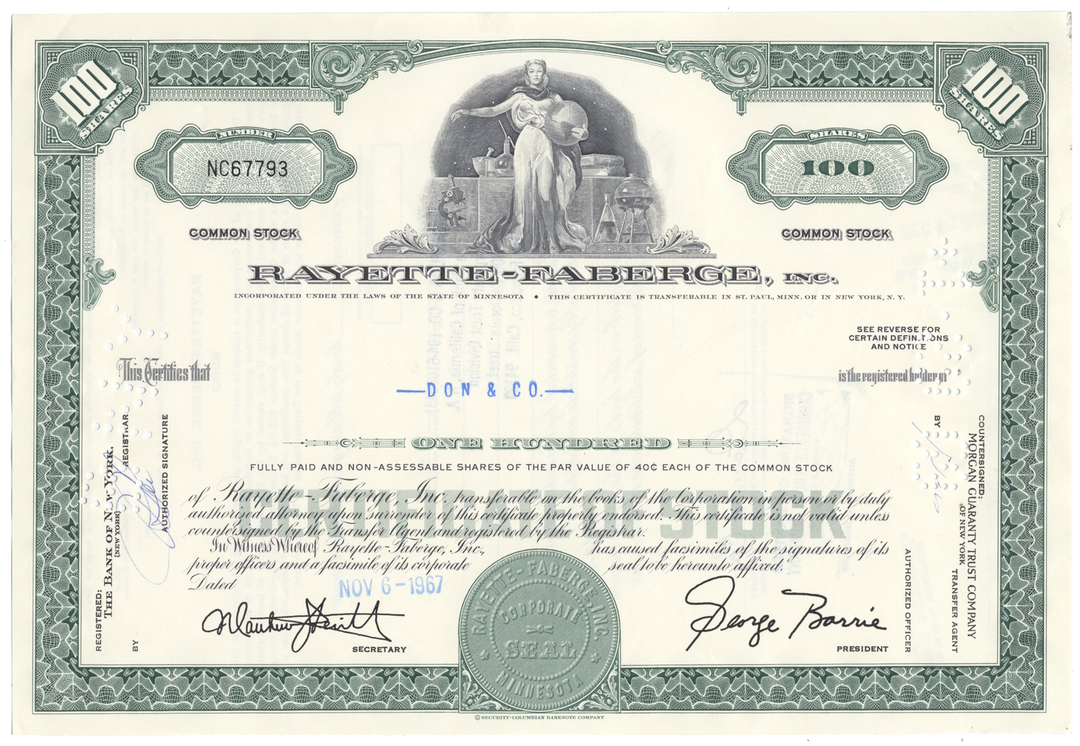 Rayette-Faberge, Inc. Stock Certificate