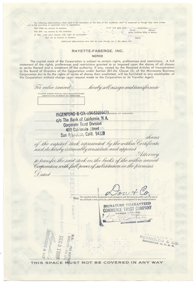 Rayette-Faberge, Inc. Stock Certificate