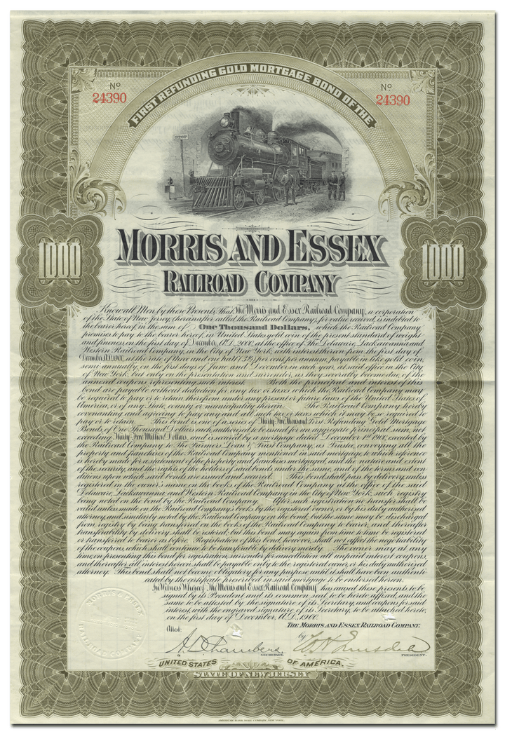 Morris and Essex Railroad Company Bond Certificate