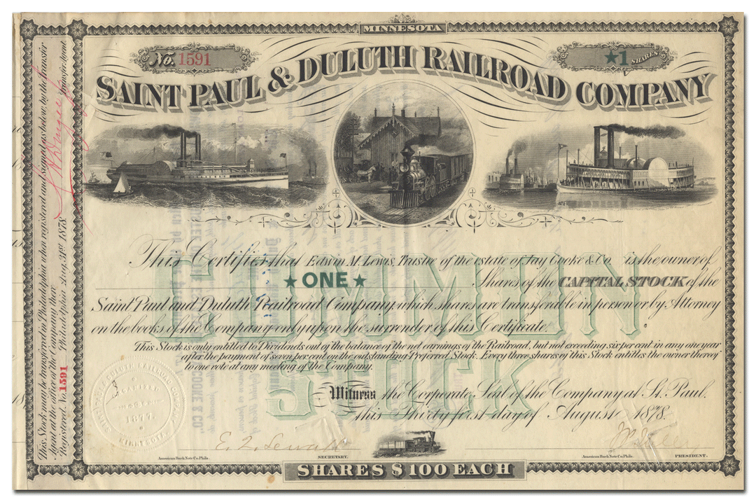 Saint Paul & Duluth Railroad Company Stock Certificate