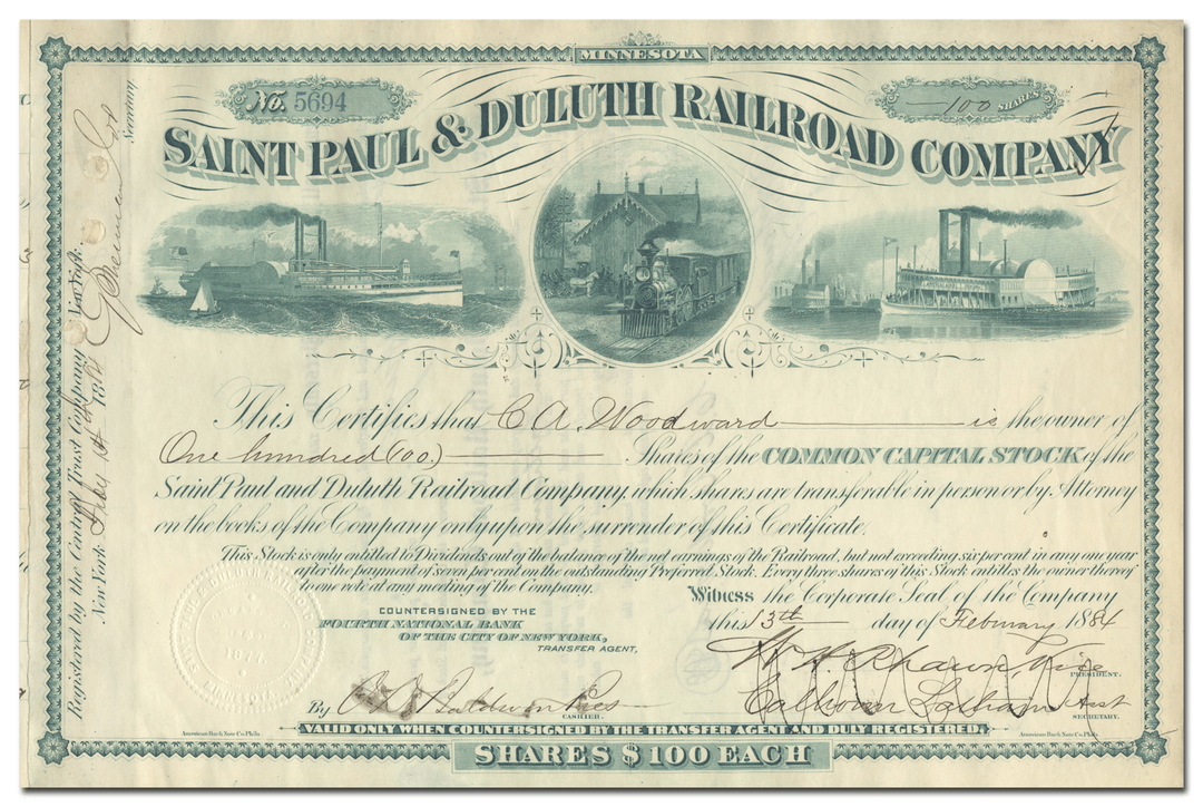 Saint Paul & Duluth Railroad Company Stock Certificate