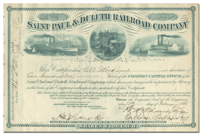 Saint Paul & Duluth Railroad Company Stock Certificate