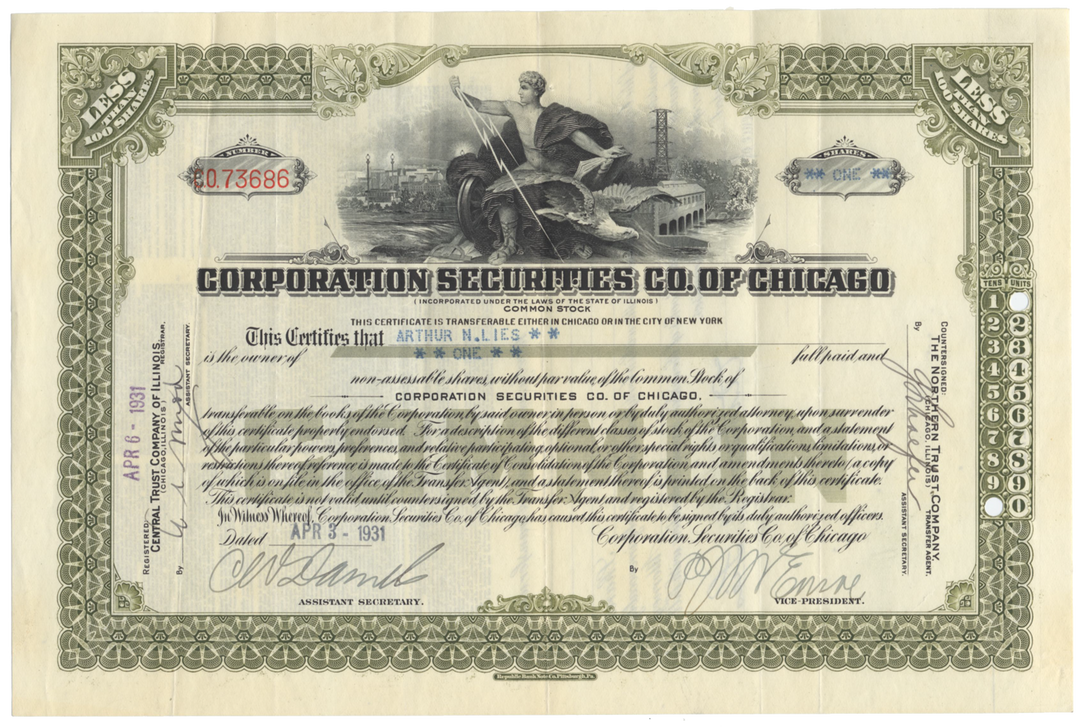 Corporation Securities Co of Chicago Stock Certificate