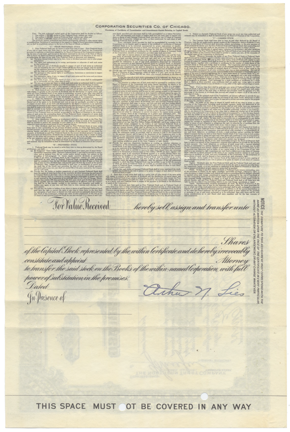 Corporation Securities Co of Chicago Stock Certificate