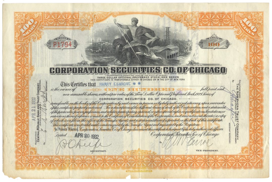 Corporation Securities Co of Chicago Stock Certificate