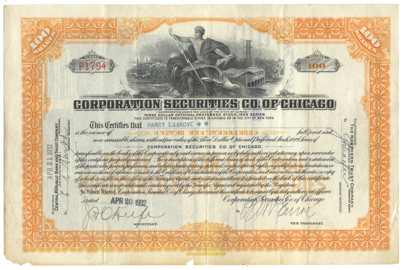 Corporation Securities Co of Chicago Stock Certificate