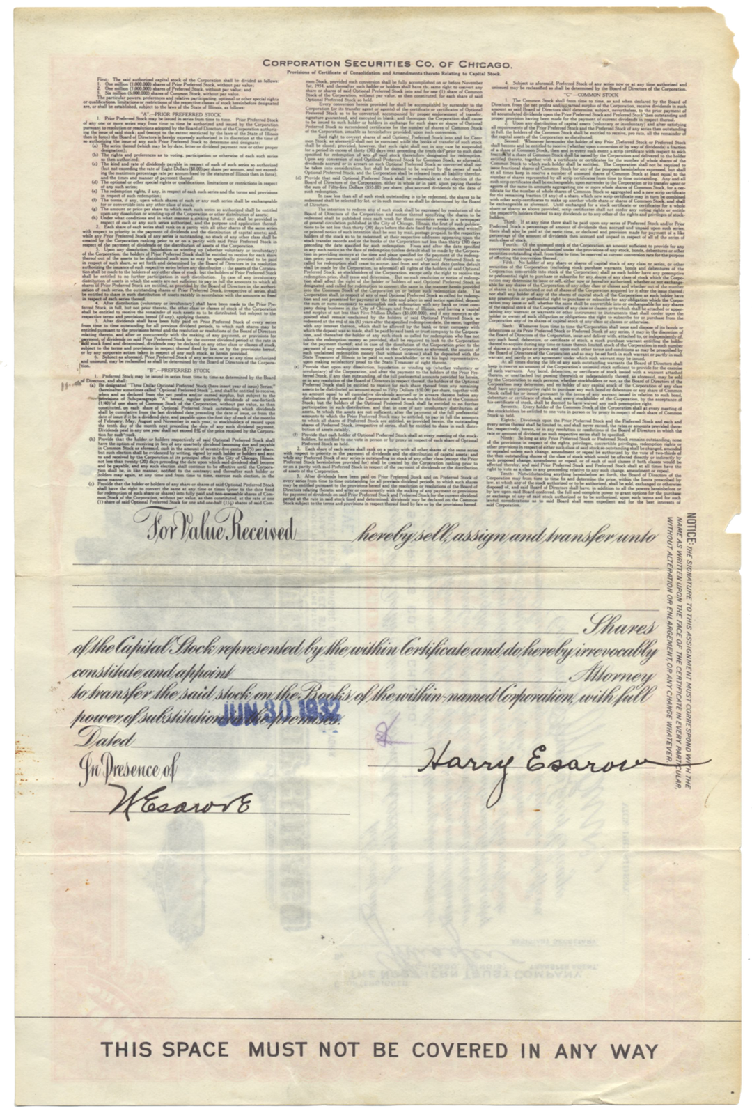 Corporation Securities Co of Chicago Stock Certificate