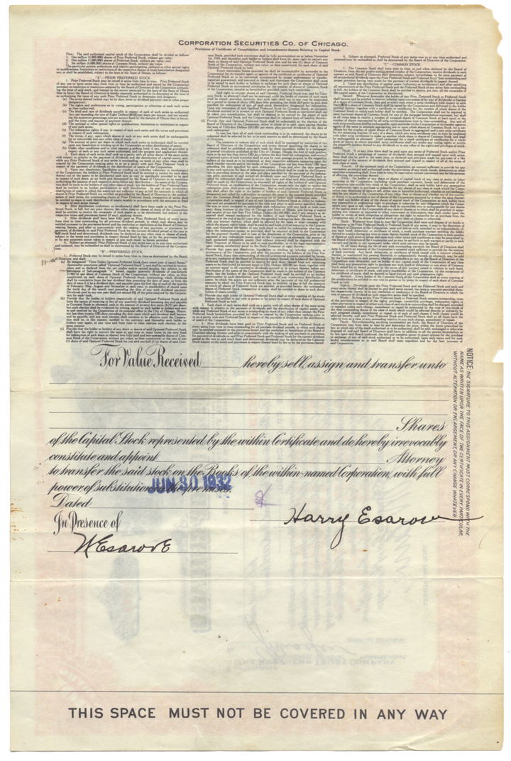 Corporation Securities Co of Chicago Stock Certificate