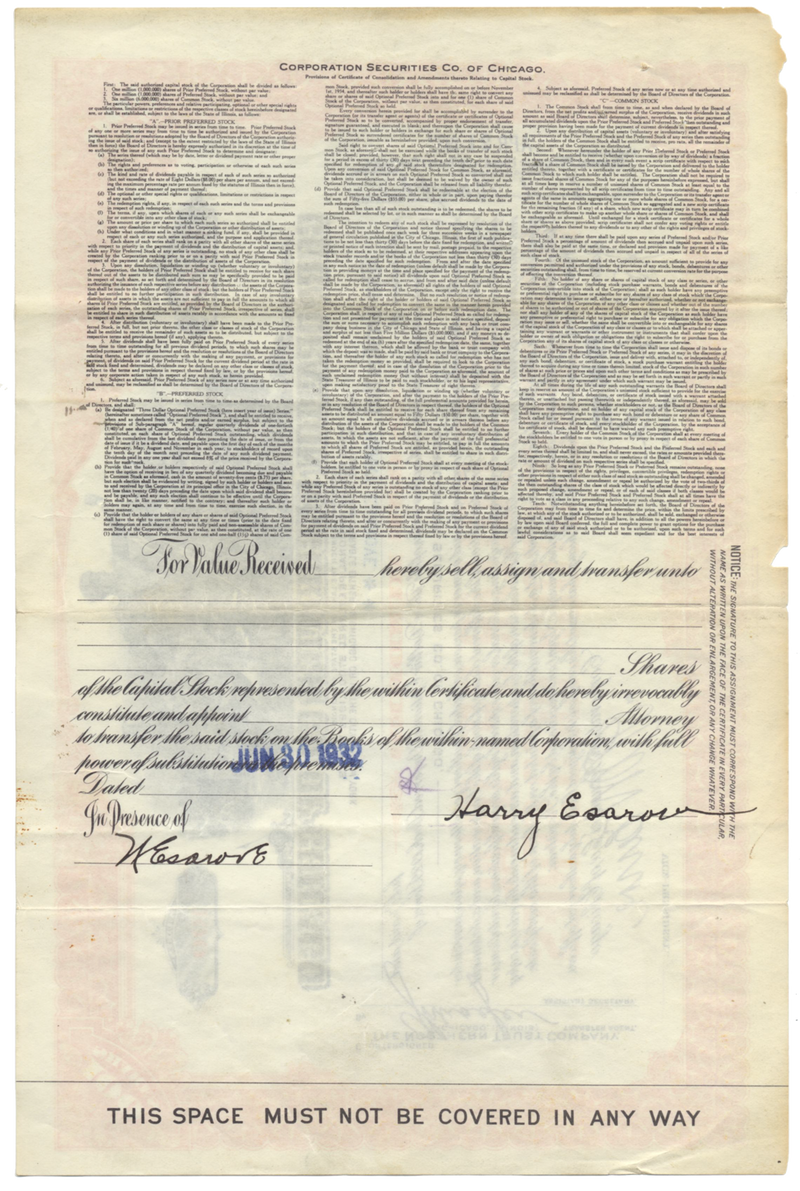 Corporation Securities Co of Chicago Stock Certificate