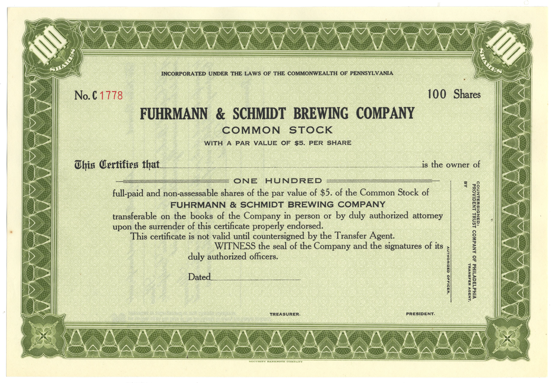 Fuhrmann & Schmidt Brewing Company Stock Certificate