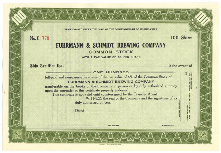 Fuhrmann & Schmidt Brewing Company Stock Certificate