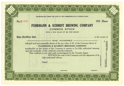 Fuhrmann & Schmidt Brewing Company Stock Certificate