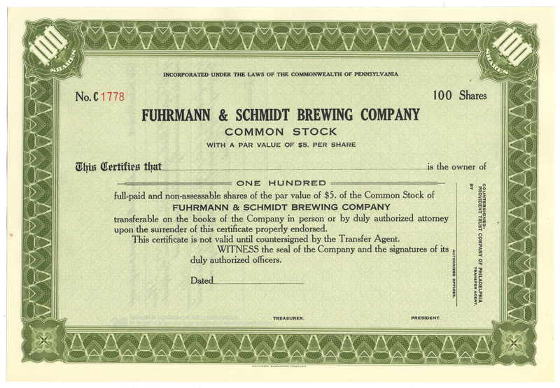 Fuhrmann & Schmidt Brewing Company Stock Certificate