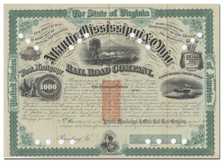 Atlantic, Mississippi & Ohio Rail Road Company Bond Certificate