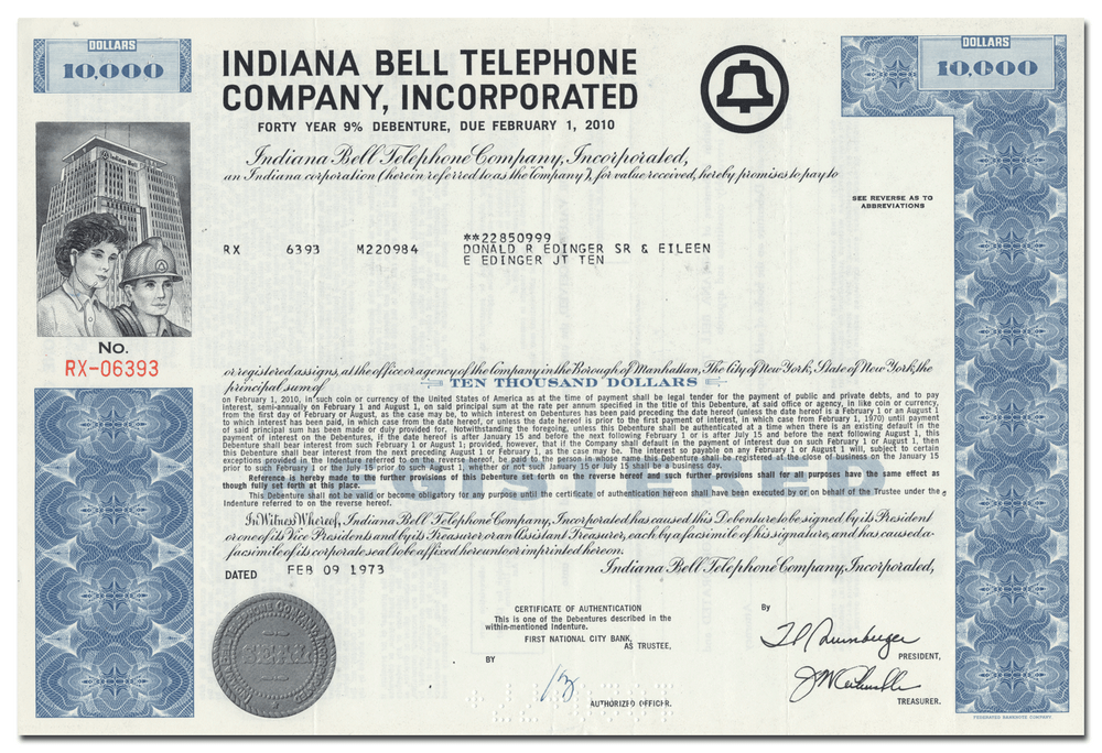 Indiana Bell Telephone Company, Incorporated Bond Certificate