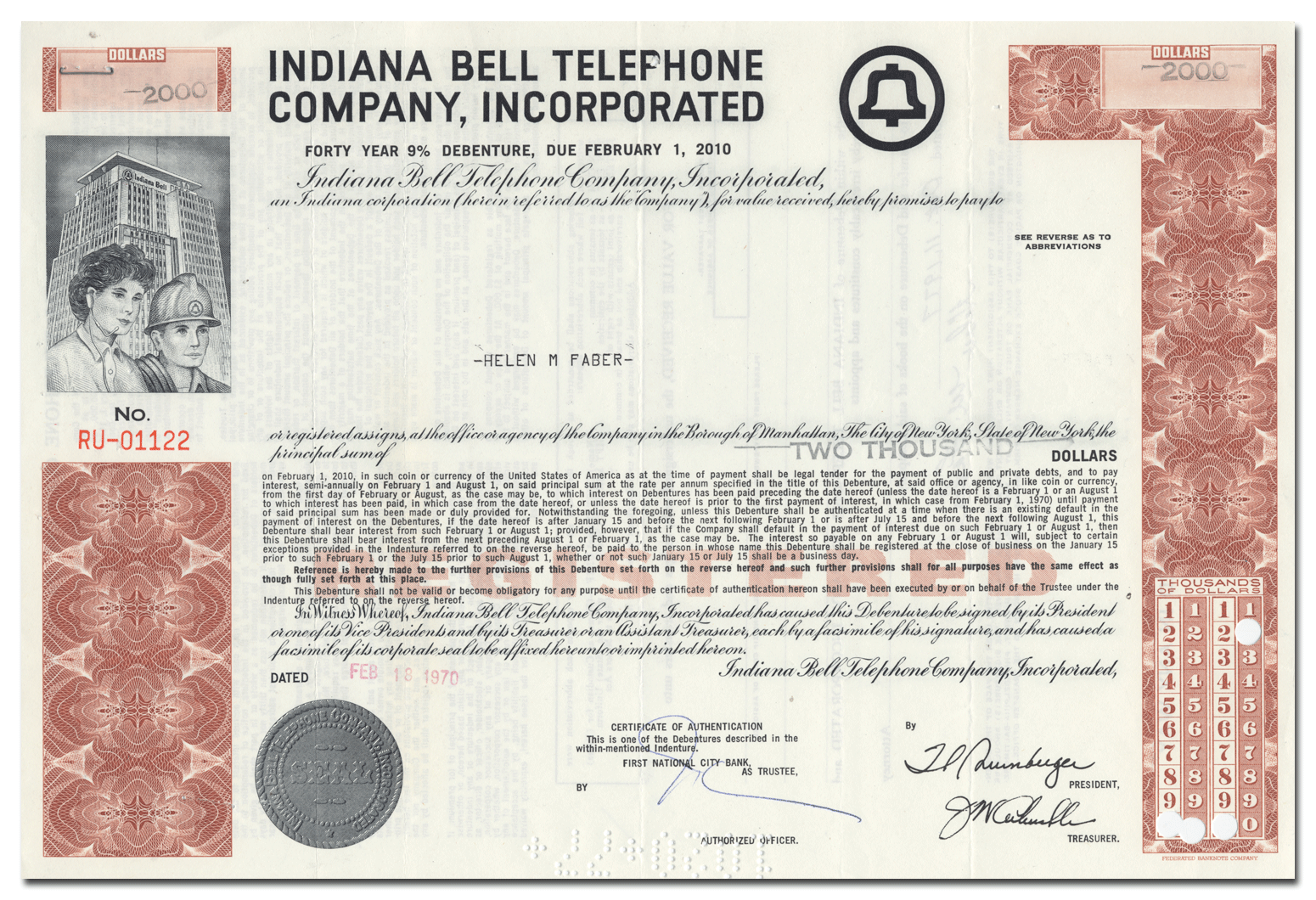 Indiana Bell Telephone Company, Incorporated Bond Certificate