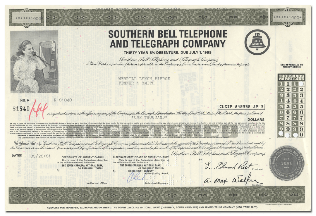 Southern Bell Telephone and Telegraph Company Bond Certificate